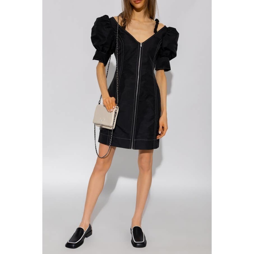 GANNI Black Dress With Puff Sleeves Taffeta Mini Dress Size 34